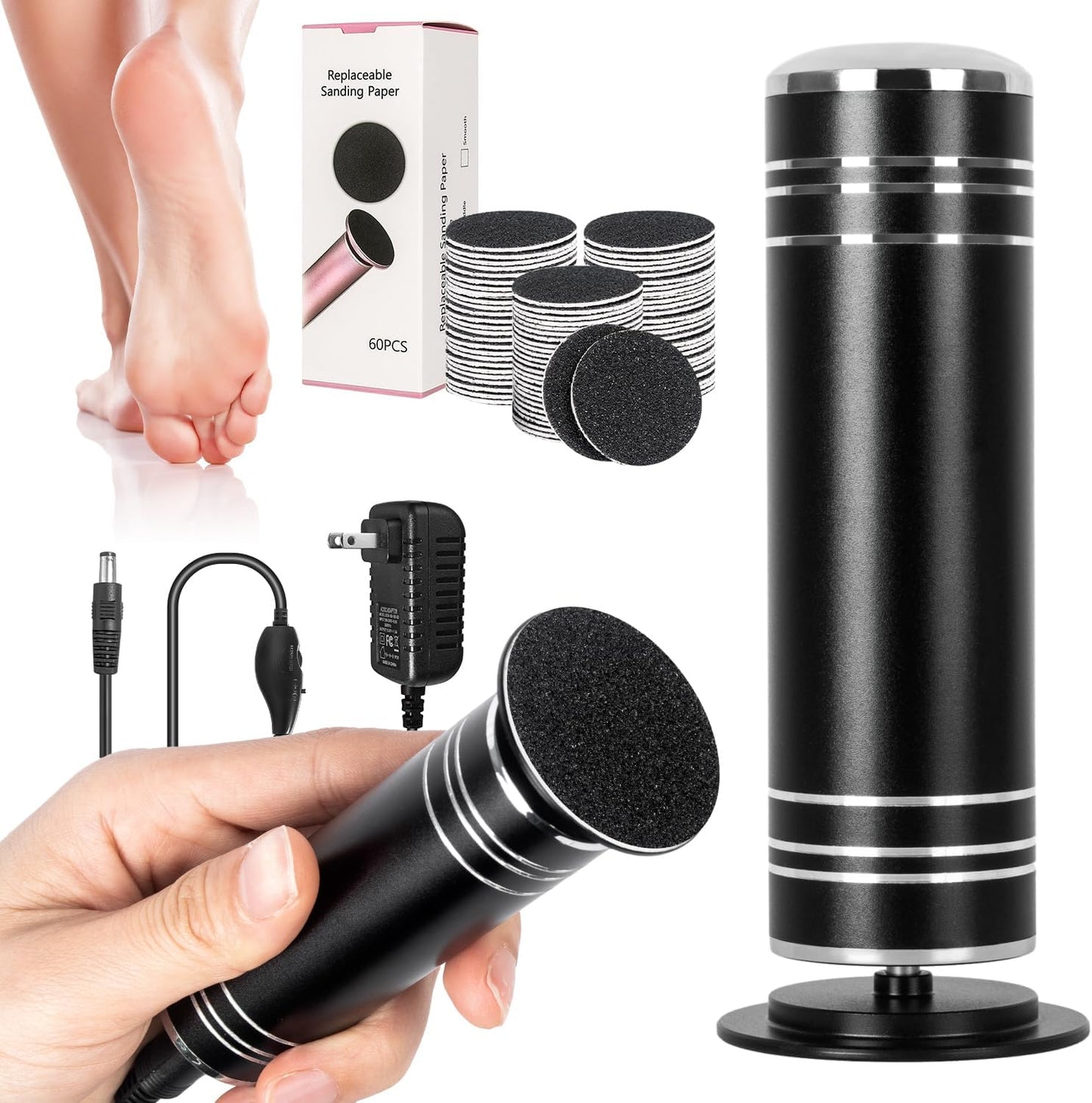 Plug-In Electric Foot Callus Remover with Adjustable Speeds - Electronic Foot File for Dead Skin, Includes 60PCS Sandpaper Disks for Smooth Heels, Effective Callus Remover for Feet at Home