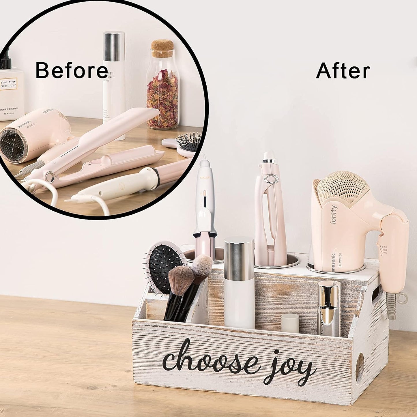 Rustic Wooden Hair Tool Organizer - Curling Iron, Blow Dryer & Straightener Holder - Flat Iron & Hair Accessories Storage - Bathroom Countertop
