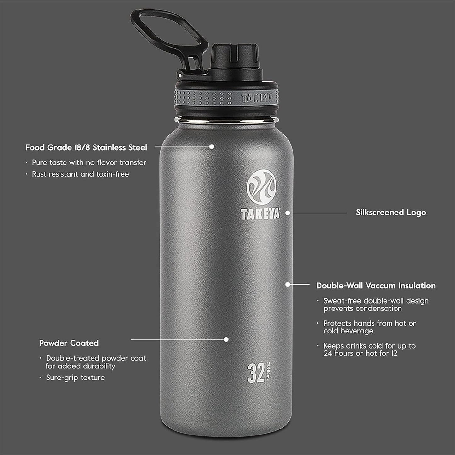 Originals 40 Oz Vacuum Insulated Stainless Steel Water Bottle with Spout Lid, Black