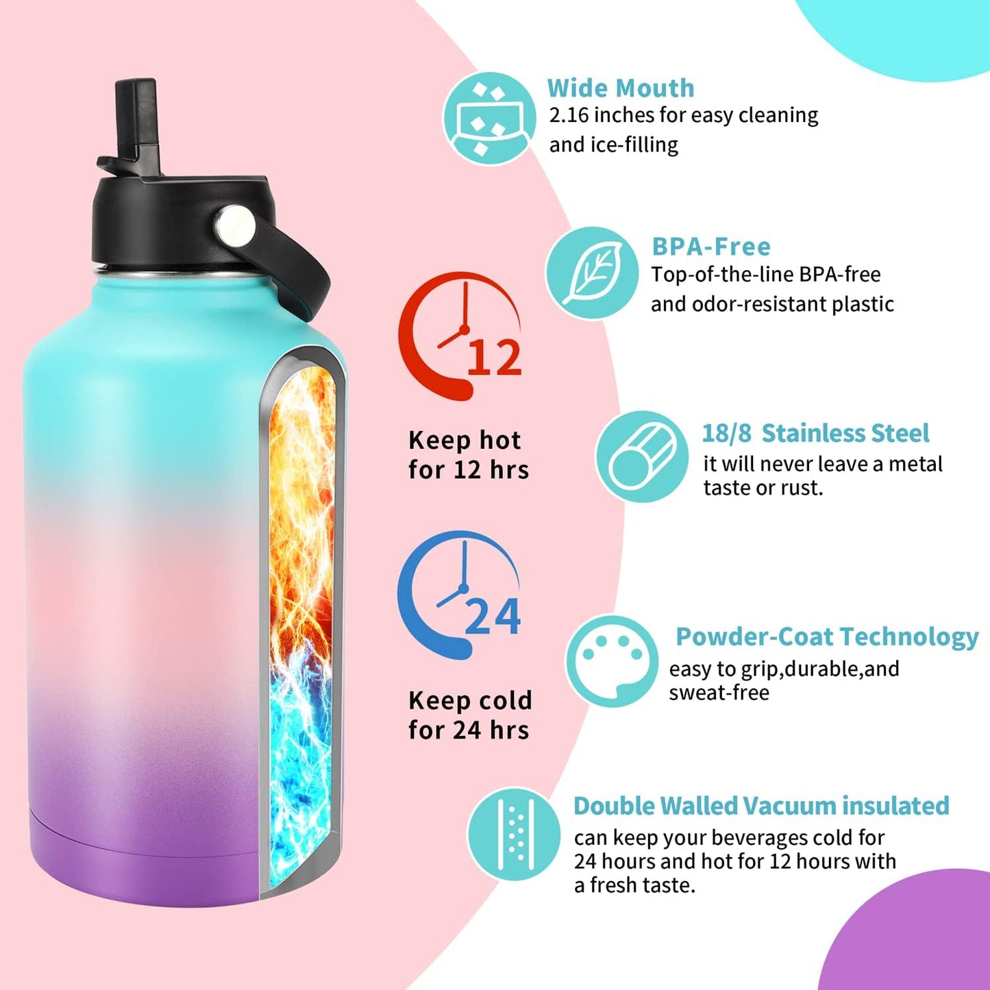 OJOJ Sports Water Bottle with Paracord - 64 Oz Water Bottles with Straw Vacuum Insulated Water Jug Stainless Steel Water Bottle Water Bottle for Gym Hiking Hot and Cold Drinks
