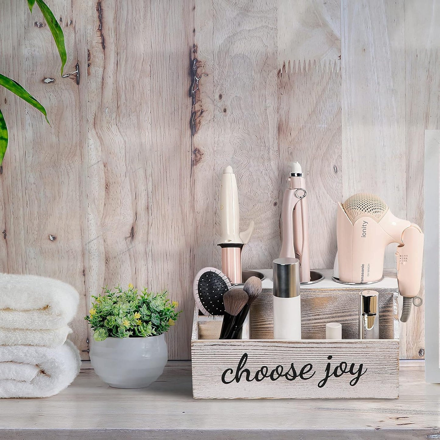 Rustic Wooden Hair Tool Organizer - Curling Iron, Blow Dryer & Straightener Holder - Flat Iron & Hair Accessories Storage - Bathroom Countertop