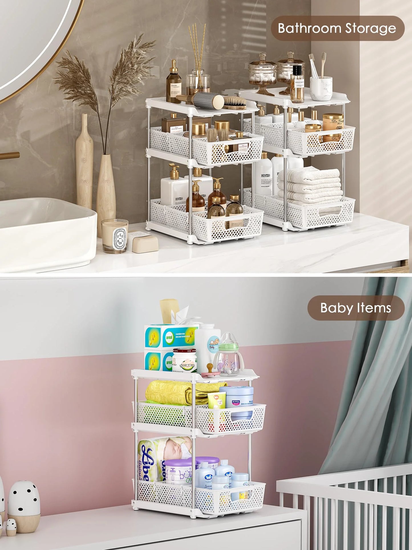 Pull-Out 3 Tier Bathroom Organizers and Storage, under Sink Organizer, Kitchen Cabinet Organizer Gray, 2 (Count)