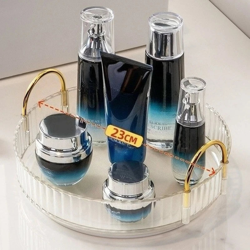 360° Rotating Cosmetic Organizer - Transparent Acrylic Vanity Shelf with Modular Trays, Stackable Makeup Storage for Skincare