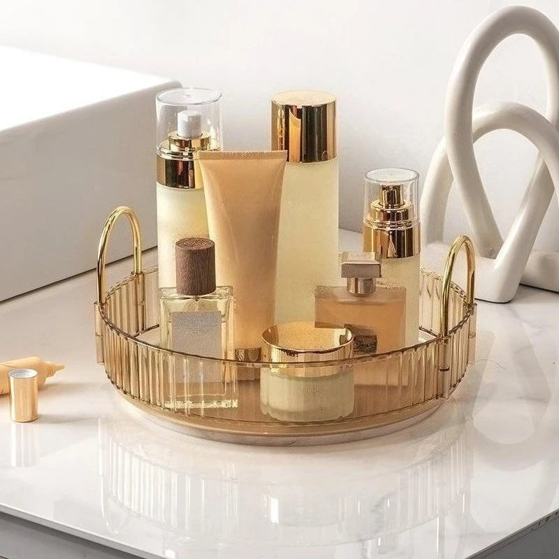 360° Rotating Cosmetic Organizer - Transparent Acrylic Vanity Shelf with Modular Trays, Stackable Makeup Storage for Skincare