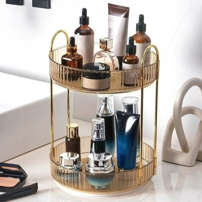 360° Rotating Cosmetic Organizer - Transparent Acrylic Vanity Shelf with Modular Trays, Stackable Makeup Storage for Skincare