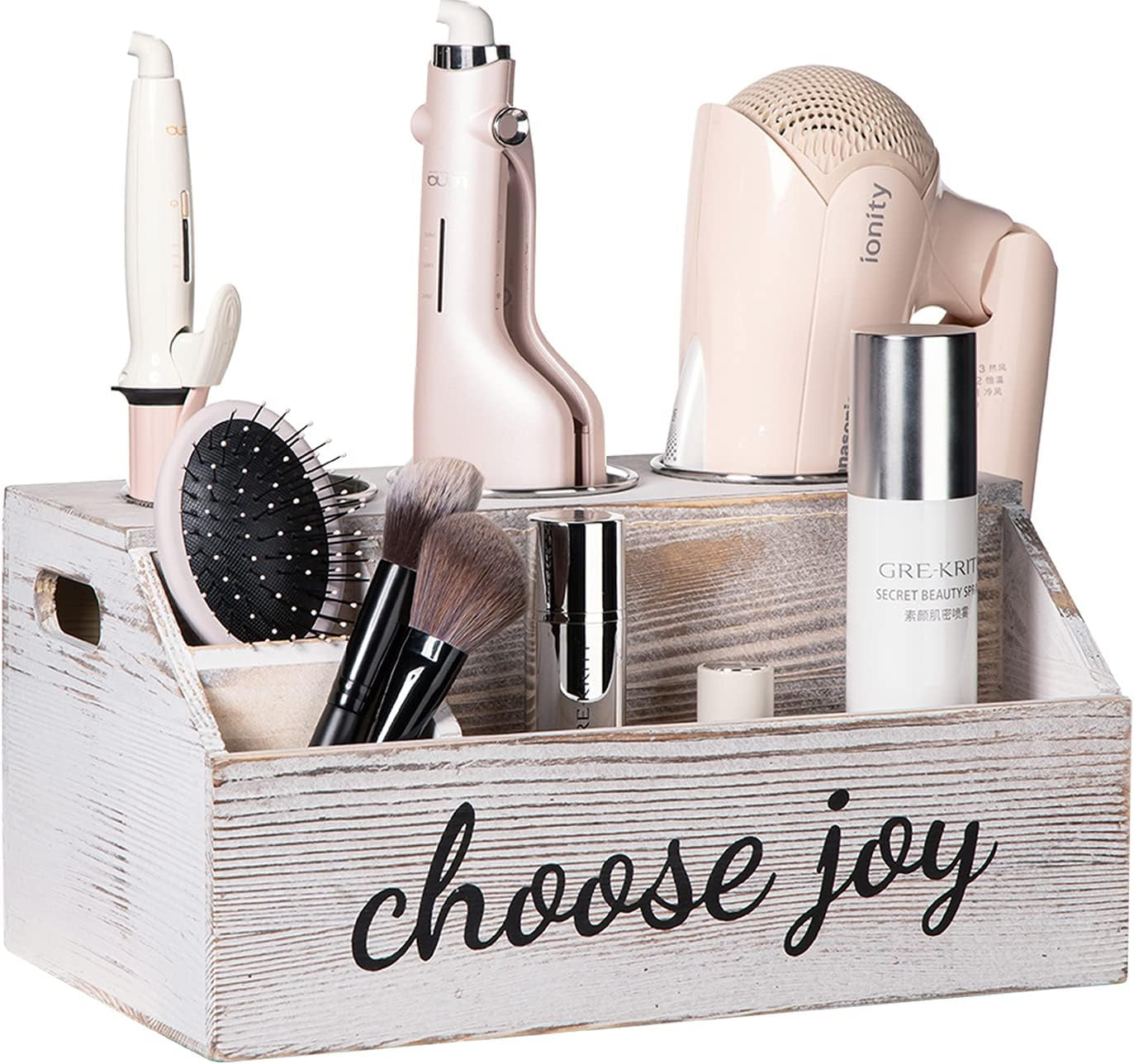 Rustic Wooden Hair Tool Organizer - Curling Iron, Blow Dryer & Straightener Holder - Flat Iron & Hair Accessories Storage - Bathroom Countertop