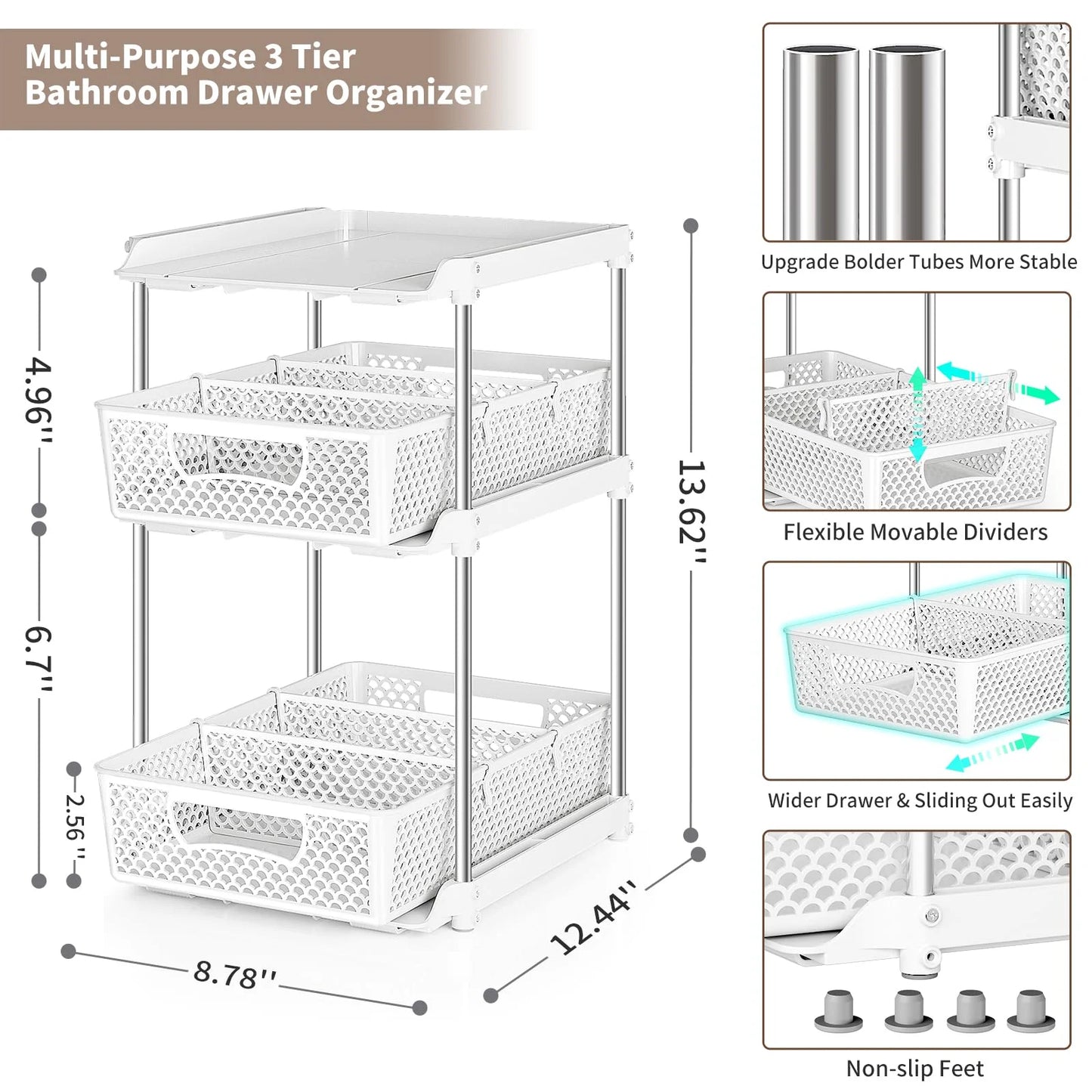 Pull-Out 3 Tier Bathroom Organizers and Storage, under Sink Organizer, Kitchen Cabinet Organizer Gray, 2 (Count)