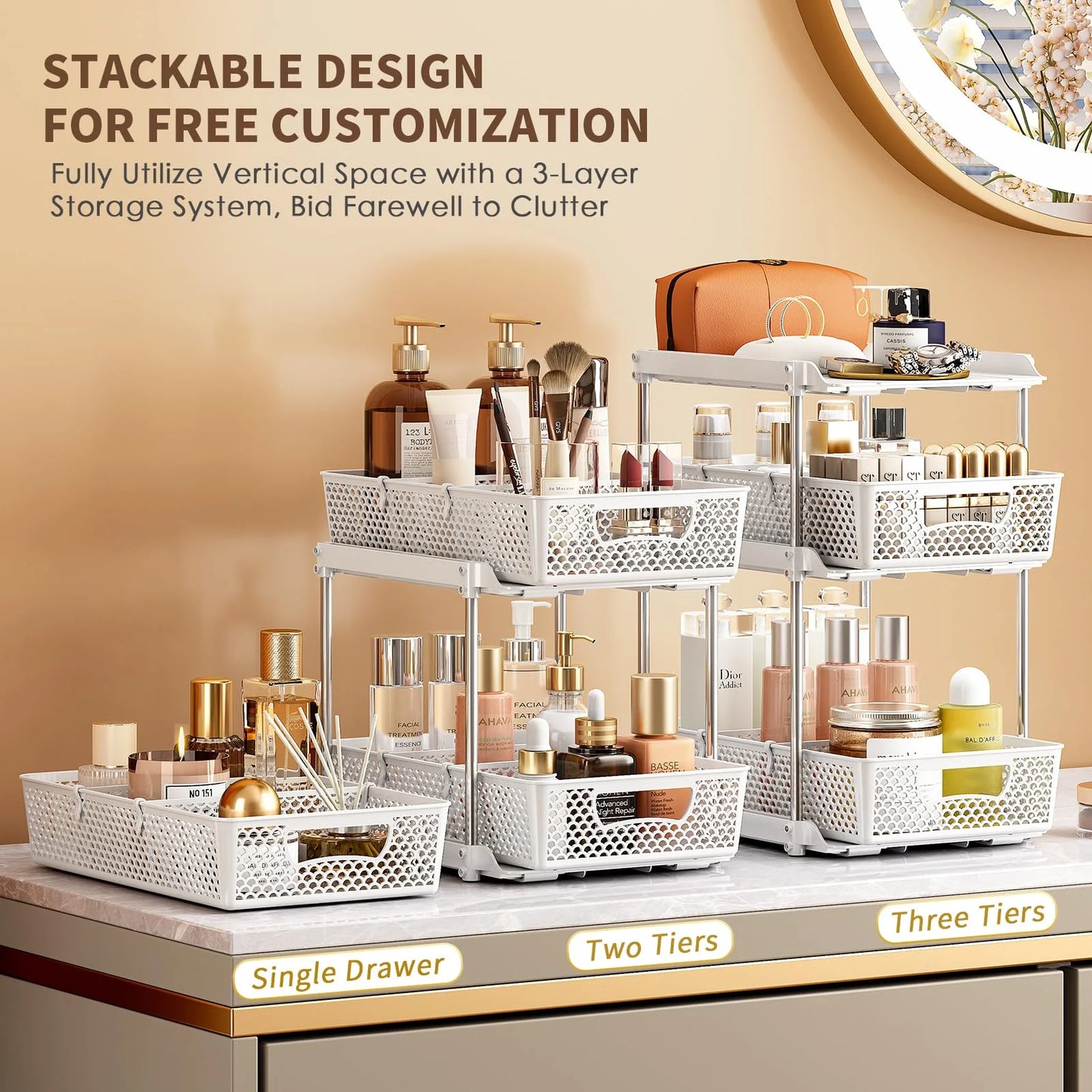 Pull-Out 3 Tier Bathroom Organizers and Storage, under Sink Organizer, Kitchen Cabinet Organizer Gray, 2 (Count)