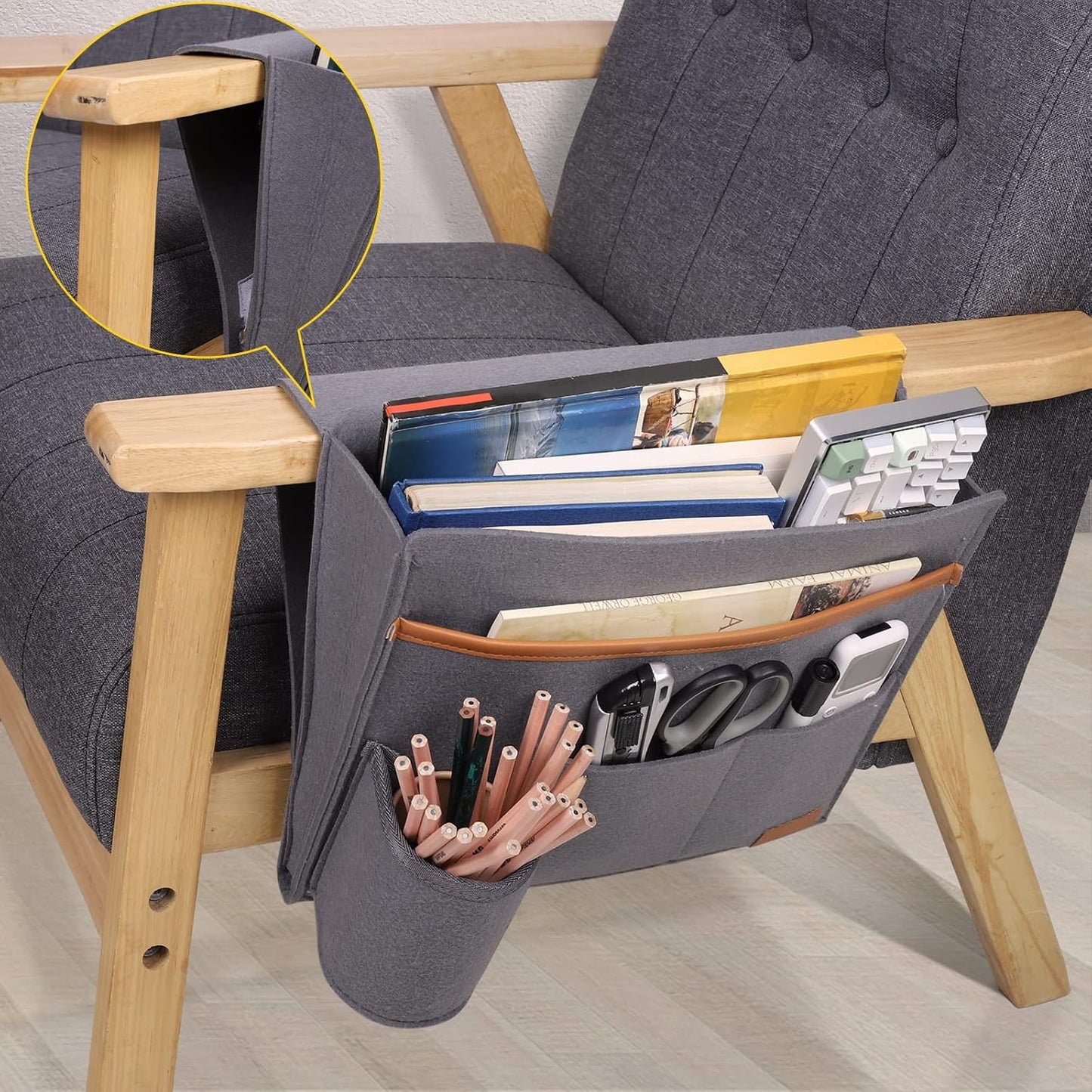 Bedside Basket, Sofa Organizer, Armrest, Phone, Tablet, Remote Control, Magazine Holder with 5 Pockets for Home Dorm Office