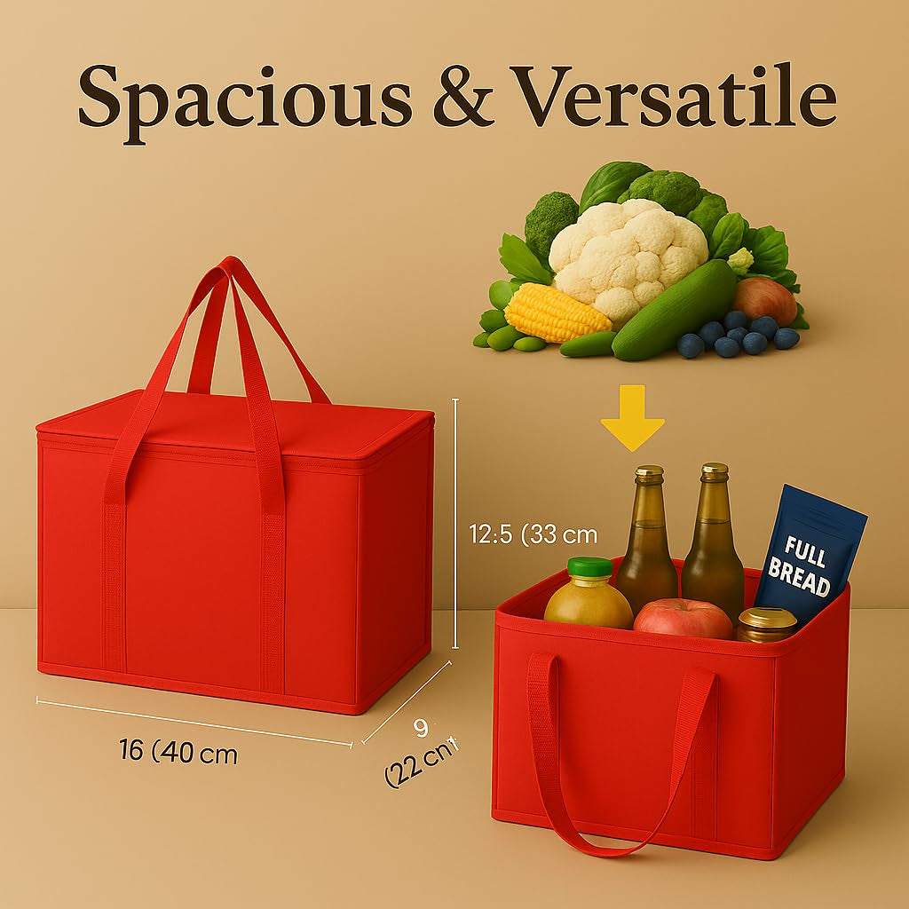 2-Pack Xl-Large Insulated Grocery Shopping Bags, Red, Reusable, Heavy Duty, Zipped Zipper,Collapsible,Tote,Cooler,Groceries,For Car,Recycled Material Warm Foldable Bag…