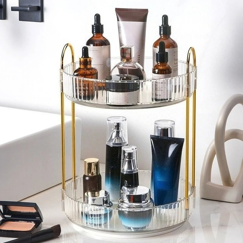 360° Rotating Cosmetic Organizer - Transparent Acrylic Vanity Shelf with Modular Trays, Stackable Makeup Storage for Skincare