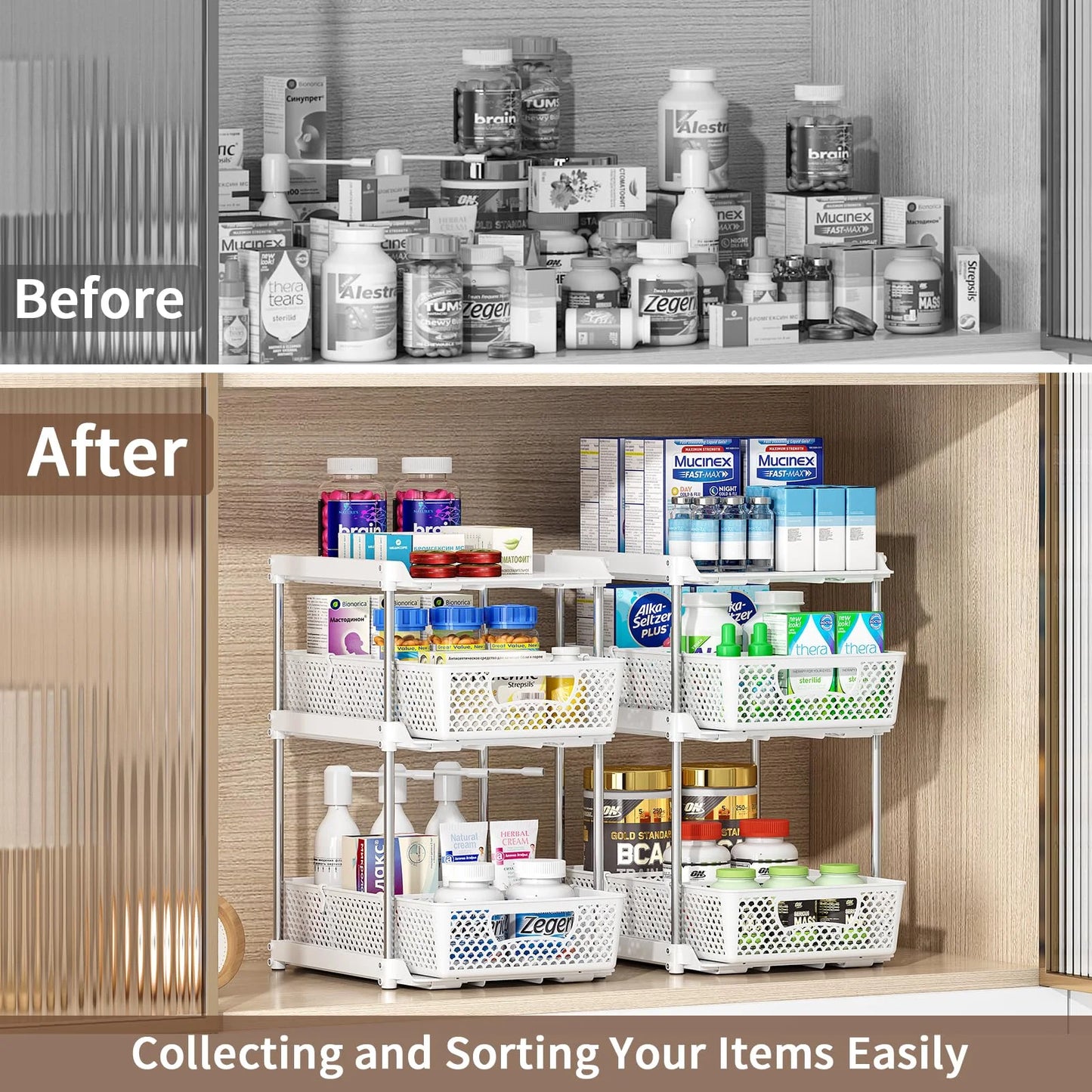 Pull-Out 3 Tier Bathroom Organizers and Storage, under Sink Organizer, Kitchen Cabinet Organizer Gray, 2 (Count)