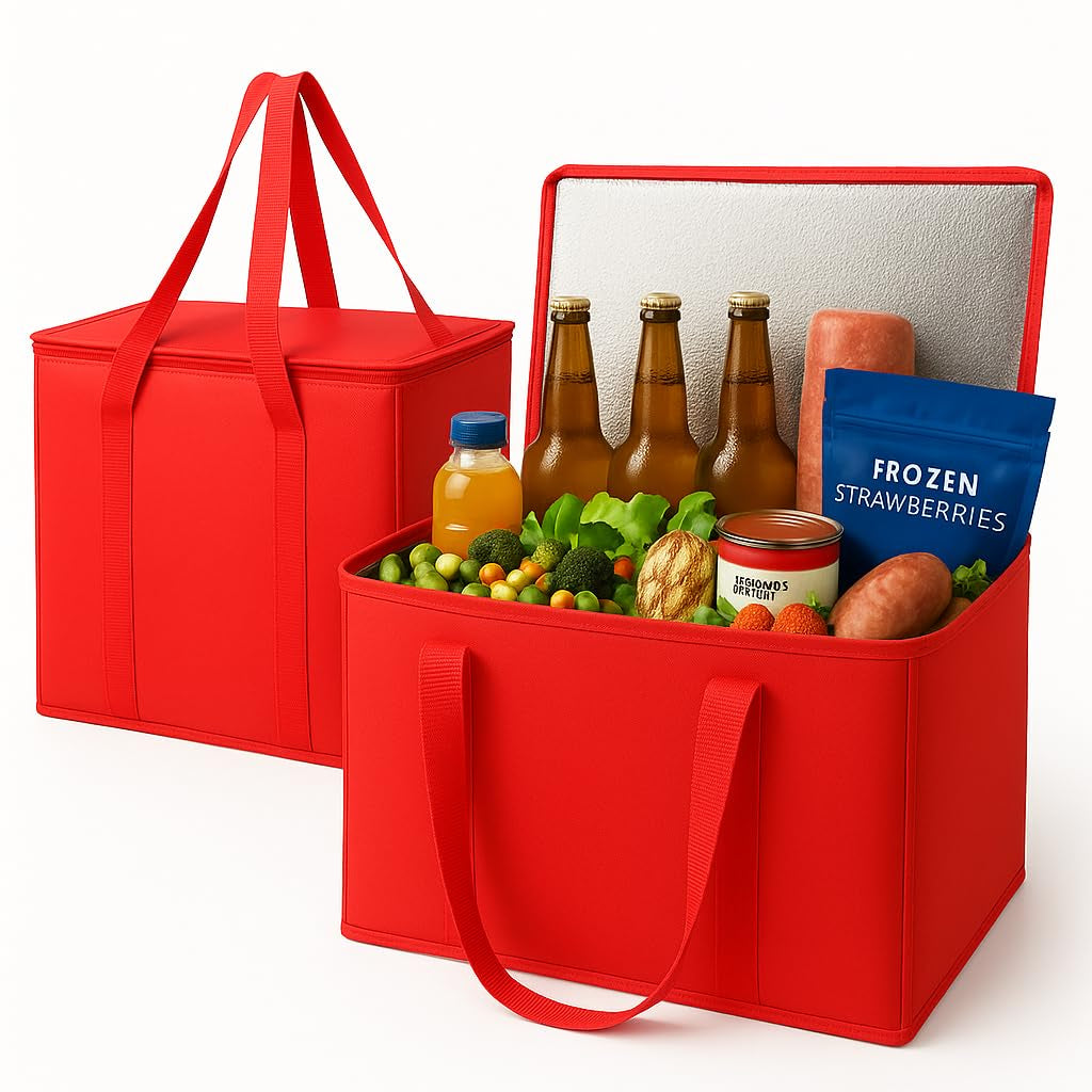 2-Pack Xl-Large Insulated Grocery Shopping Bags, Red, Reusable, Heavy Duty, Zipped Zipper,Collapsible,Tote,Cooler,Groceries,For Car,Recycled Material Warm Foldable Bag…