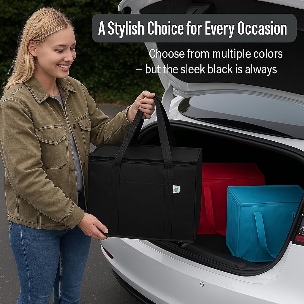 2-Pack Xl-Large Insulated Grocery Shopping Bags, Red, Reusable, Heavy Duty, Zipped Zipper,Collapsible,Tote,Cooler,Groceries,For Car,Recycled Material Warm Foldable Bag…