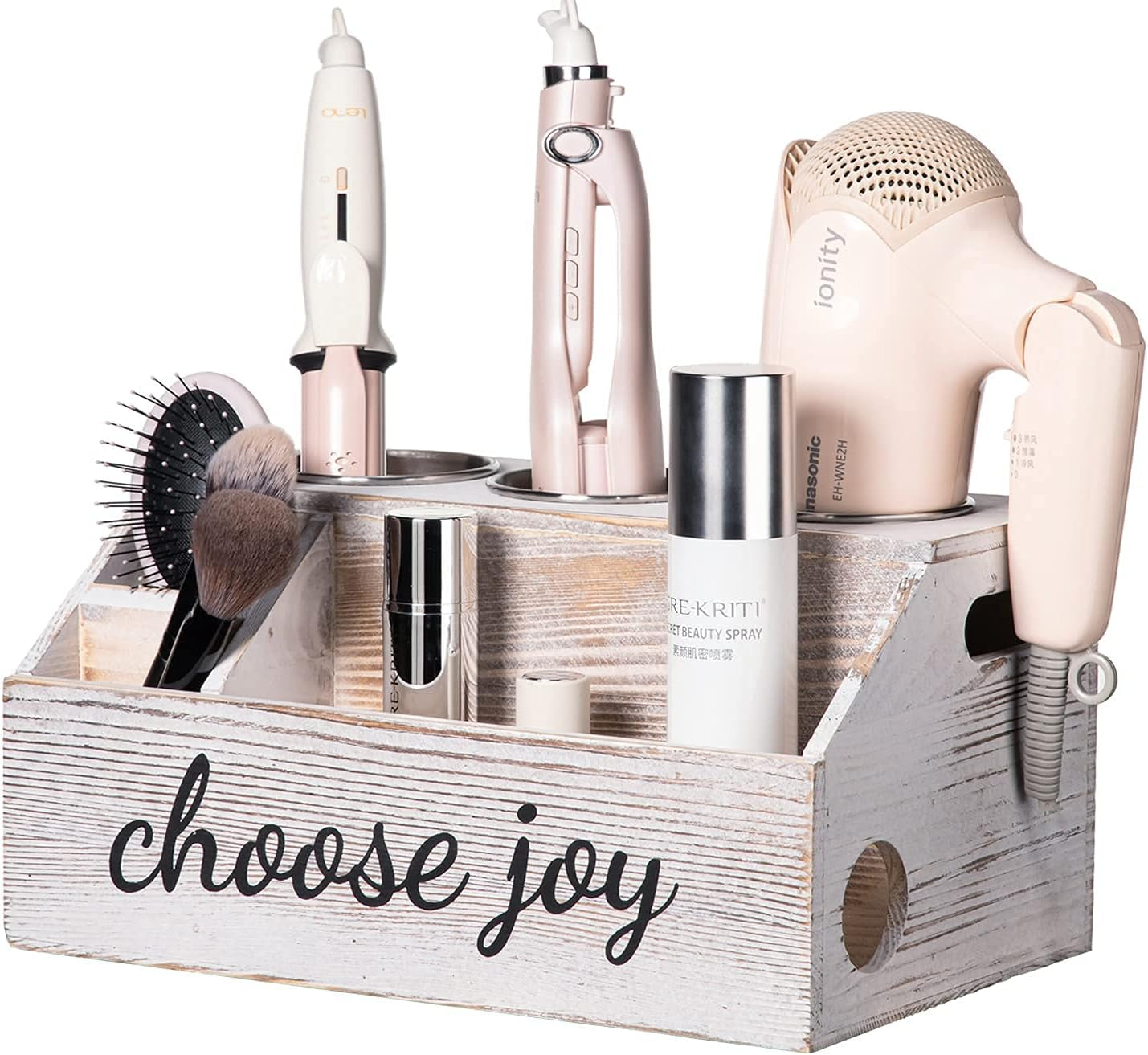 Rustic Wooden Hair Tool Organizer - Curling Iron, Blow Dryer & Straightener Holder - Flat Iron & Hair Accessories Storage - Bathroom Countertop