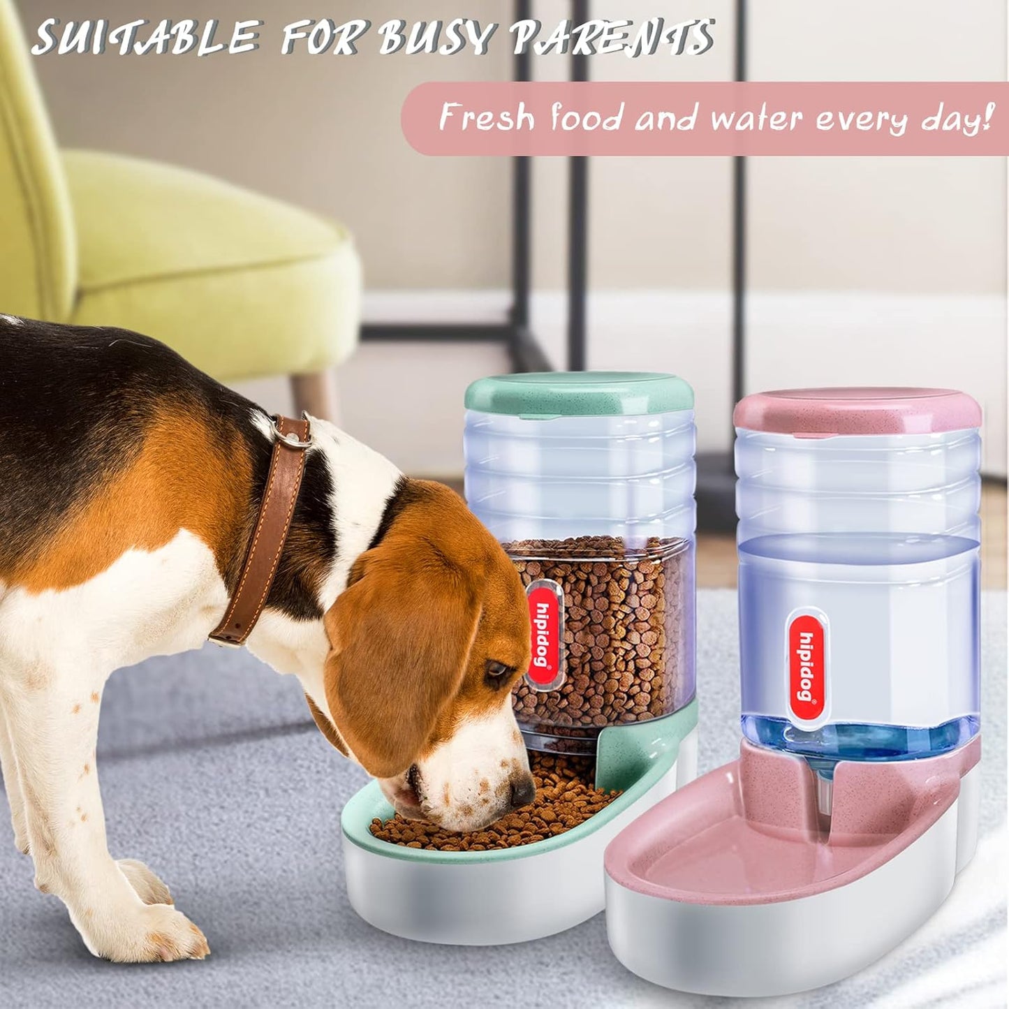 Pets Gravity Food and Water Dispenser Set,Small & Big Dogs and Cats Automatic Food and Water Feeder Set,Double Bowl Design for Small and Big Pets (Pink+Green)