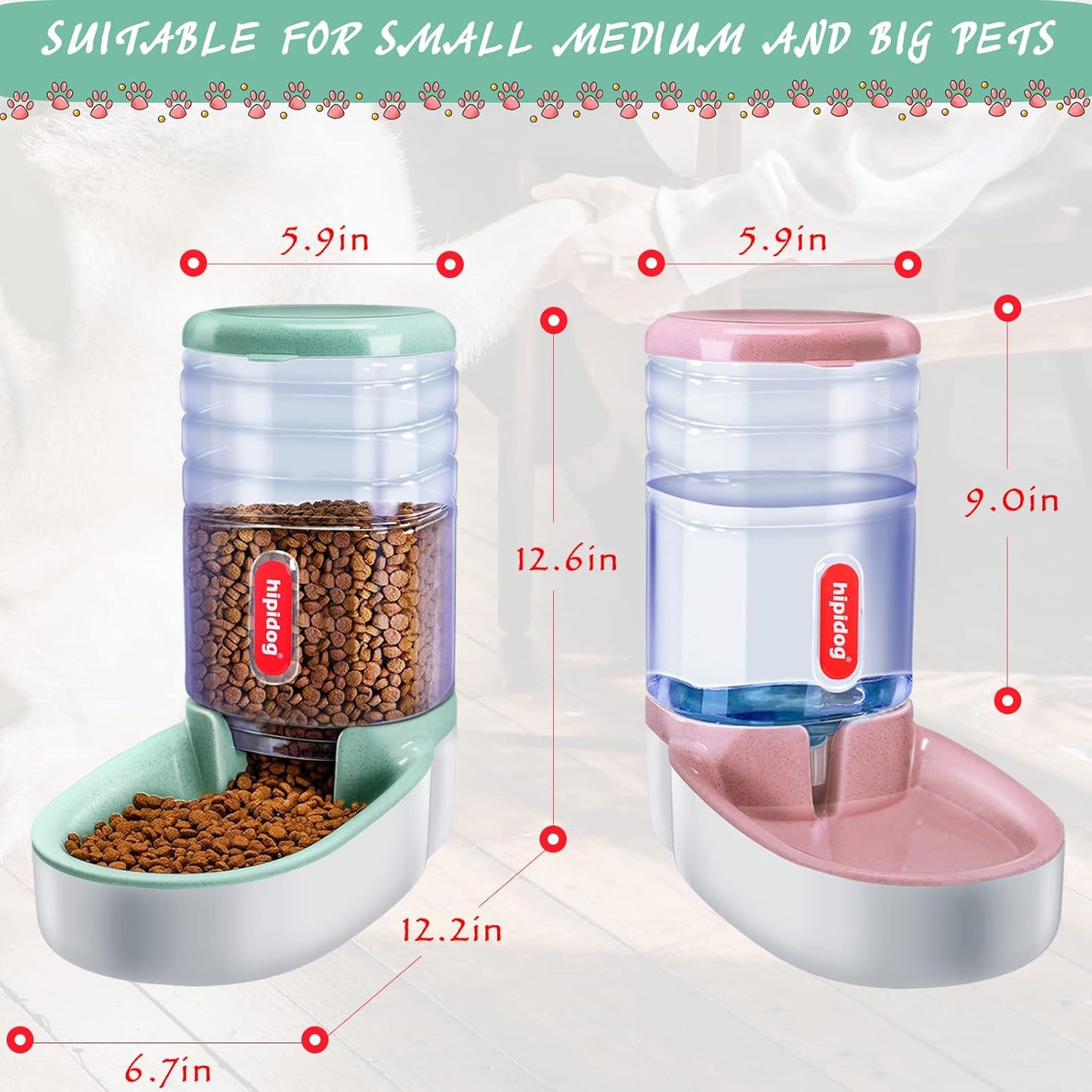 Pets Gravity Food and Water Dispenser Set,Small & Big Dogs and Cats Automatic Food and Water Feeder Set,Double Bowl Design for Small and Big Pets (Pink+Green)