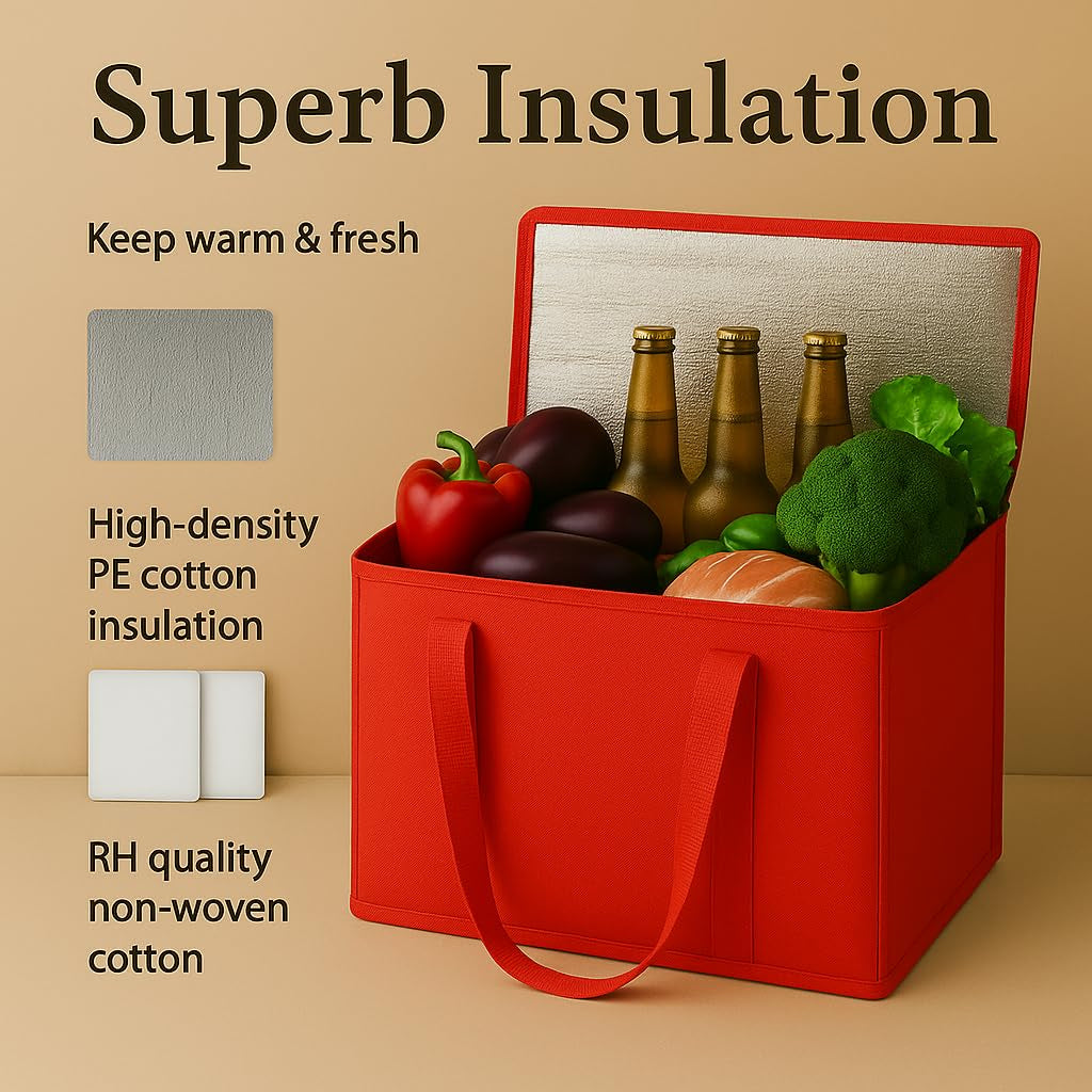 2-Pack Xl-Large Insulated Grocery Shopping Bags, Red, Reusable, Heavy Duty, Zipped Zipper,Collapsible,Tote,Cooler,Groceries,For Car,Recycled Material Warm Foldable Bag…