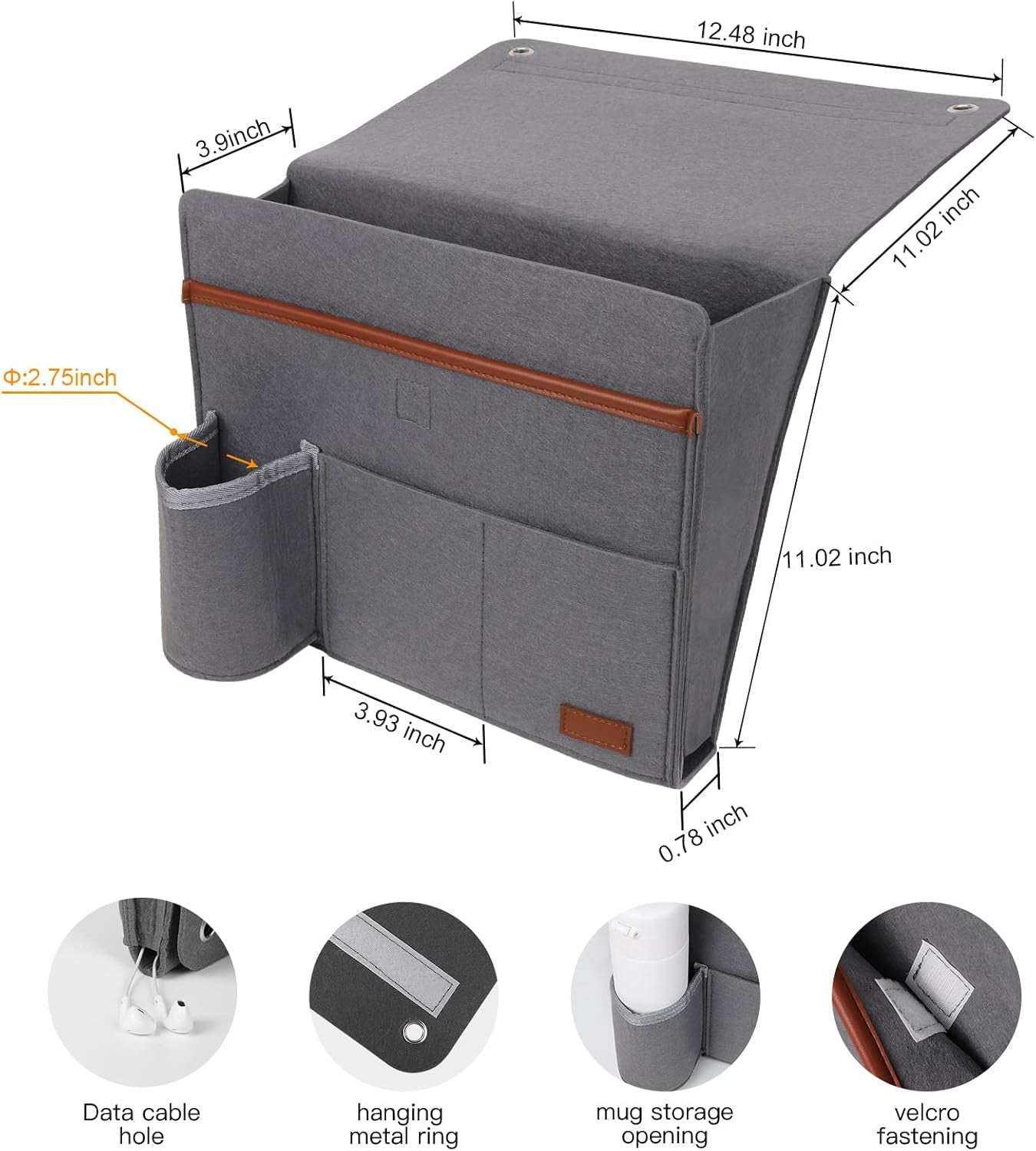 Bedside Basket, Sofa Organizer, Armrest, Phone, Tablet, Remote Control, Magazine Holder with 5 Pockets for Home Dorm Office