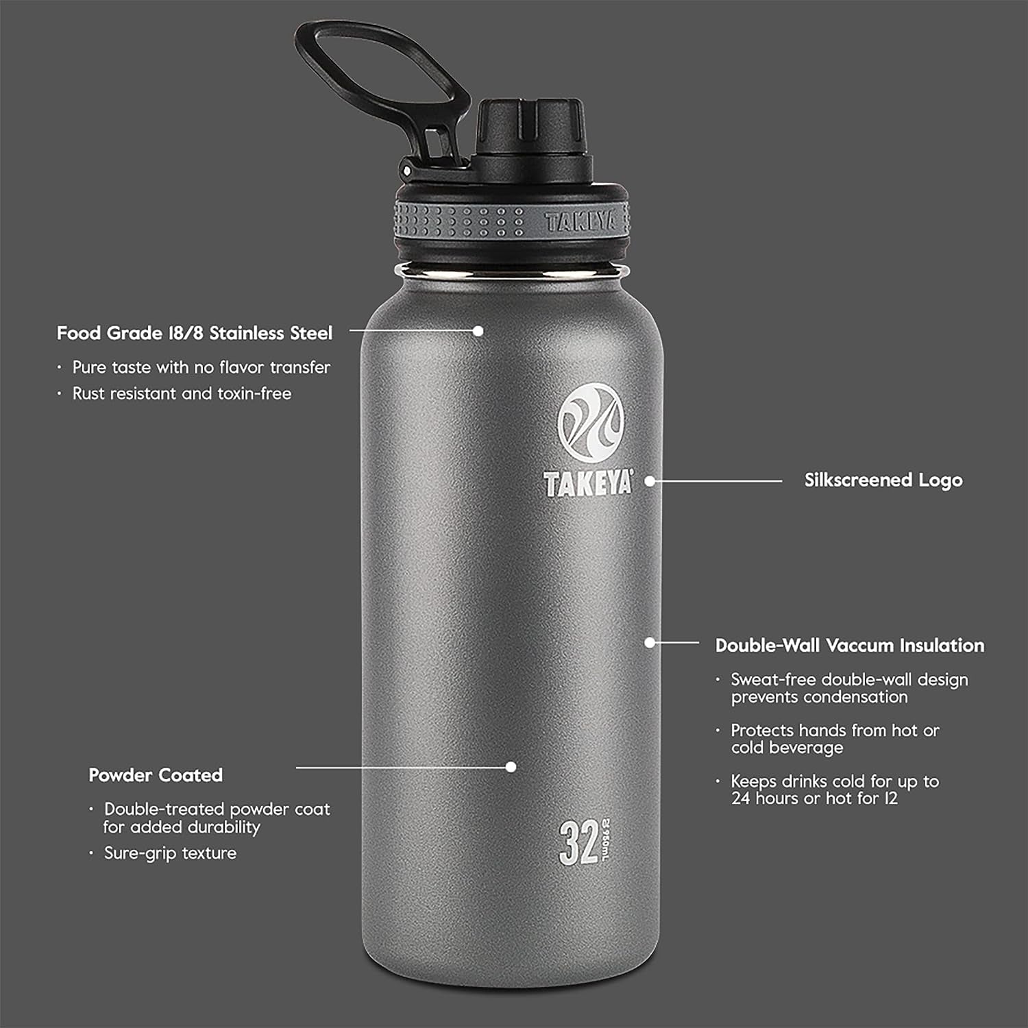 Originals 40 Oz Vacuum Insulated Stainless Steel Water Bottle with Spout Lid, Black
