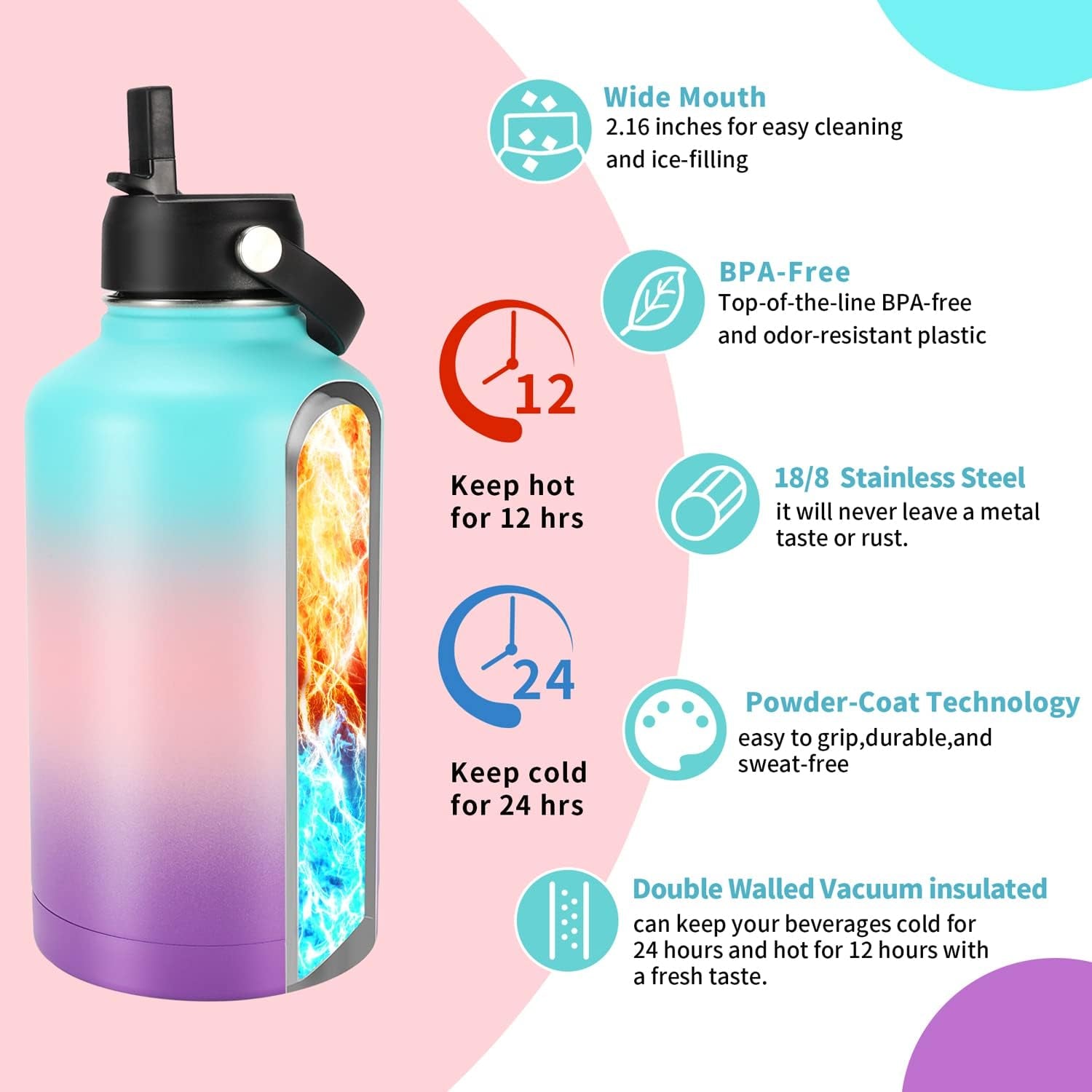 OJOJ Sports Water Bottle with Paracord - 64 Oz Water Bottles with Straw Vacuum Insulated Water Jug Stainless Steel Water Bottle Water Bottle for Gym Hiking Hot and Cold Drinks