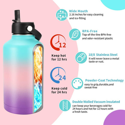 OJOJ Sports Water Bottle with Paracord - 64 Oz Water Bottles with Straw Vacuum Insulated Water Jug Stainless Steel Water Bottle Water Bottle for Gym Hiking Hot and Cold Drinks