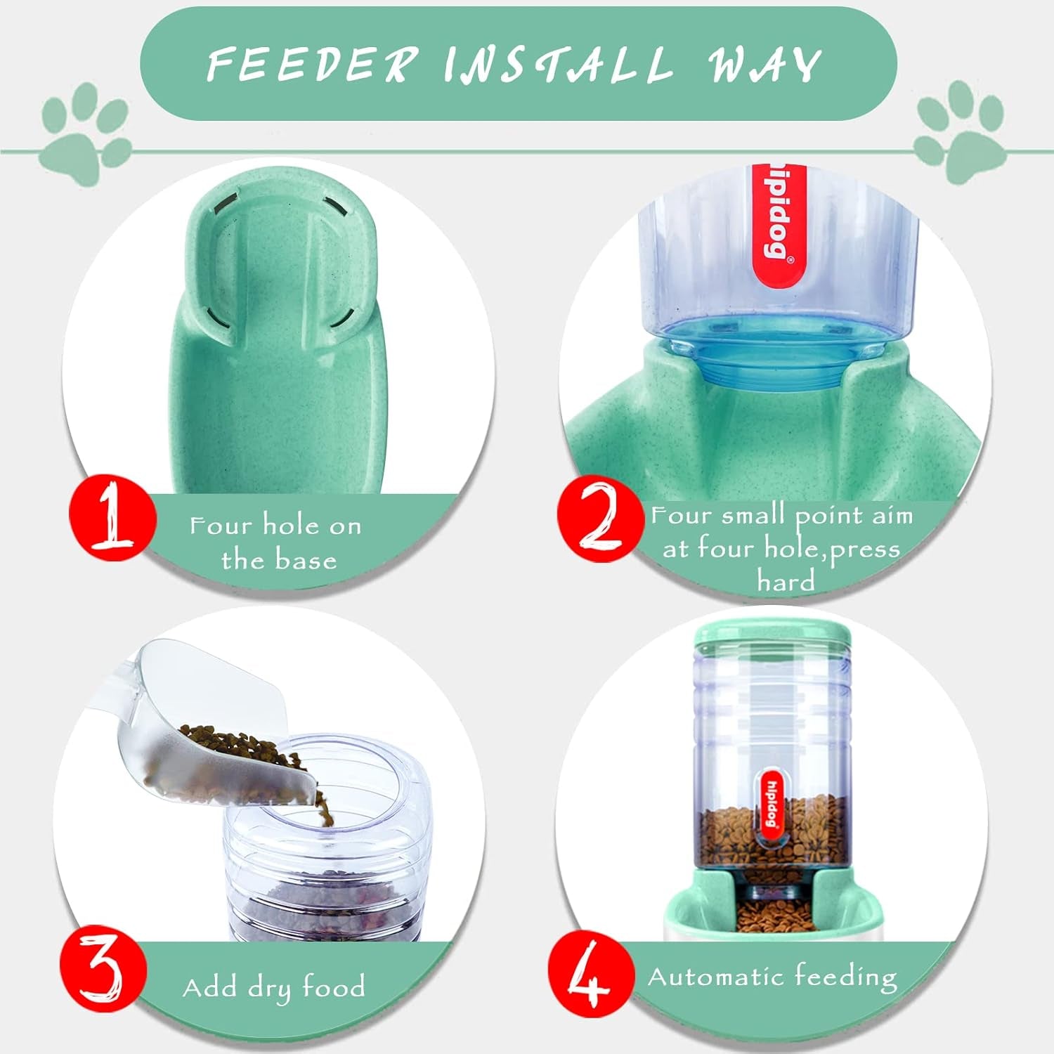 Pets Gravity Food and Water Dispenser Set,Small & Big Dogs and Cats Automatic Food and Water Feeder Set,Double Bowl Design for Small and Big Pets (Pink+Green)