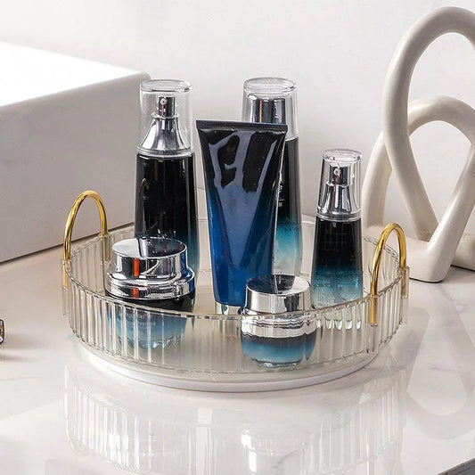 ​​360° Rotating Cosmetic Organizer - Transparent Acrylic Vanity Shelf with Modular Trays, Stackable Makeup Storage for Skincare