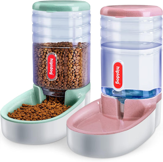 Pets Gravity Food and Water Dispenser Set,Small & Big Dogs and Cats Automatic Food and Water Feeder Set,Double Bowl Design for Small and Big Pets (Pink+Green)