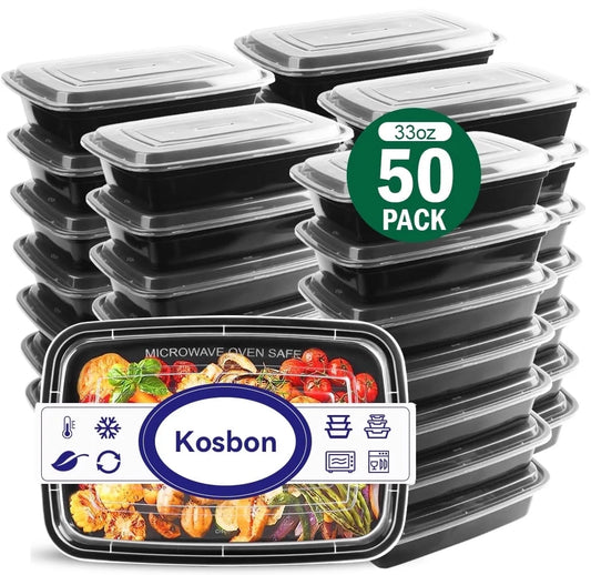 Meal Prep Containers, 50 Packs Plastic Food Storage Containers with Lids, 32Oz Bento Box Reusable, to Go Containers Disposable, BPA Free