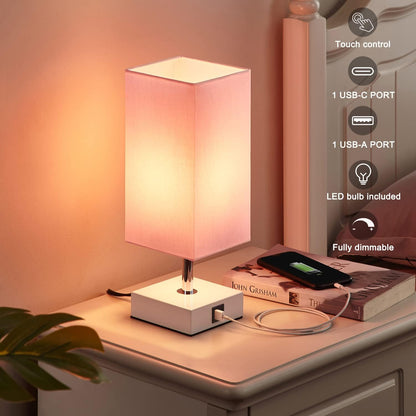 Touch Control Table Lamp with 2 USB Charging Ports, 3 Way Touch Lamps beside Desk, Nightstand Lamp for Bedrooms Living Room, Pink Shade with White Base, LED Bulb Included(Pink)
