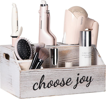 Rustic Wooden Hair Tool Organizer - Curling Iron, Blow Dryer & Straightener Holder - Flat Iron & Hair Accessories Storage - Bathroom Countertop