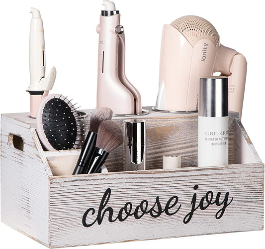 Rustic Wooden Hair Tool Organizer - Curling Iron, Blow Dryer & Straightener Holder - Flat Iron & Hair Accessories Storage - Bathroom Countertop