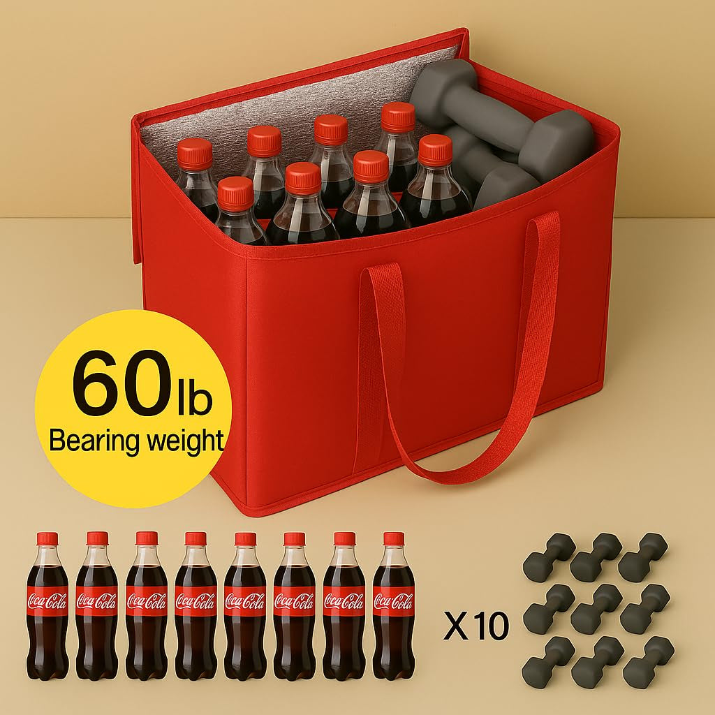 2-Pack Xl-Large Insulated Grocery Shopping Bags, Red, Reusable, Heavy Duty, Zipped Zipper,Collapsible,Tote,Cooler,Groceries,For Car,Recycled Material Warm Foldable Bag…