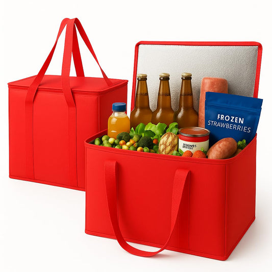 2-Pack Xl-Large Insulated Grocery Shopping Bags, Red, Reusable, Heavy Duty, Zipped Zipper,Collapsible,Tote,Cooler,Groceries,For Car,Recycled Material Warm Foldable Bag…